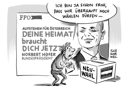 Cartoon: Neuwahlen Österreich (medium) by Schwarwel tagged neuwahlen,wahl,österreich,austria,bundespräsident,bundespräsidentenwahl,fpö,karikatur,schwarwel,partei,heimat,wahlanfechtung,norbert,hofer,rechtspopulistisch,anfechtungsklage,recht,gesetz,rechtsverstoß,briefwahlstimmen,briefwahl,wahlgang,neuwahlen,wahl,österreich,austria,bundespräsident,bundespräsidentenwahl,fpö,karikatur,schwarwel,partei,heimat,wahlanfechtung,norbert,hofer,rechtspopulistisch,anfechtungsklage,recht,gesetz,rechtsverstoß,briefwahlstimmen,briefwahl,wahlgang