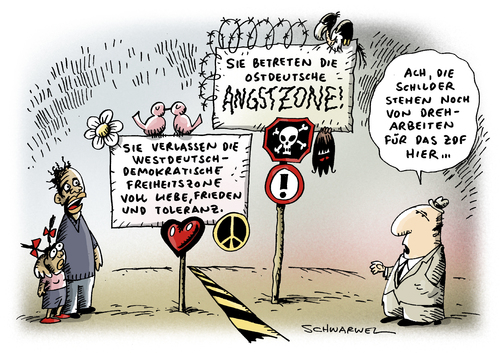 Cartoon: Ostdeutsche Angstzone (medium) by Schwarwel tagged ostdeutsche,angstzone,zdf,journalismus,tv,fernsehen,fernsehsender,berichterstattung,auslaender,deutsch,rassismus,neonazi,angst,gewalt,karikatur,schwarwel,ostdeutsche,angstzone,journalismus,tv,fernsehen,zdf,berichterstattung,deutsch,ausländer