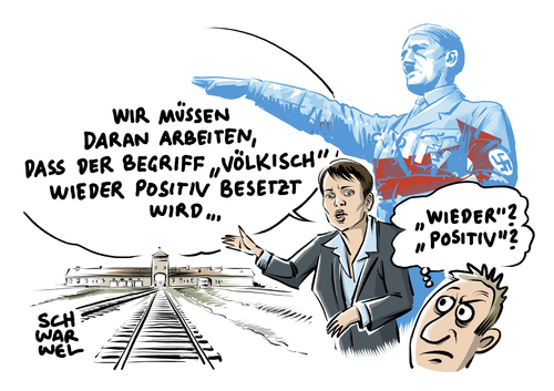 Cartoon: Petry will völkisch sein (medium) by Schwarwel tagged afd,alternative,für,deutschland,partei,rechts,nazi,rechtsextrem,populismus,hitler,nationalsozialismus,hass,angst,terror,wur,vlkisch,frauke,petry,ausgrenzungsbegriff,hoffähig,ausgrenzung,fachistisch,faschismus,faschisten,rassistisch,ausländer,ausländerhass,flüchtlinge,geflüchtete,ausländerfeindlichkeit,kz,nationalismus,karikatur,schwarwel,afd,alternative,für,deutschland,partei,rechts,nazi,rechtsextrem,populismus,hitler,nationalsozialismus,hass,angst,terror,wur,vlkisch,frauke,petry,ausgrenzungsbegriff,hoffähig,ausgrenzung,fachistisch,faschismus,faschisten,rassistisch,ausländer,ausländerhass,flüchtlinge,geflüchtete,ausländerfeindlichkeit,kz,nationalismus,karikatur,schwarwel