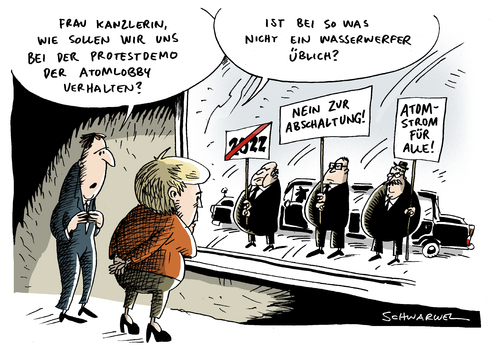 Cartoon: Protestdemo der Atomlobby (medium) by Schwarwel tagged atom,konzern,lobby,atomausstieg,unternehmen,protest,merkel,angela,angie,kanzlerin,kanzleramt,karikatur,schwarwel,atom,konzern,lobby,atomausstieg,unternehmen,protest,merkel,angela,kanzlerin,kanzleramt