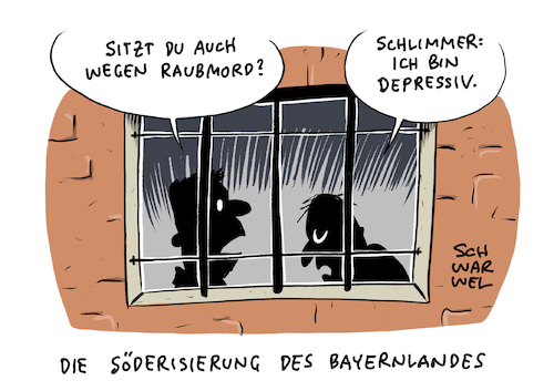 Cartoon: PsychKG Gesetzentwurf (medium) by Schwarwel tagged psychkg,gesetzentwurf,bayern,psychisch,kranke,straftäter,gefängnis,verurteilung,depression,behinderte,polizeirecht,polizeistaat,kranken,gesetz,gesetze,selbstgefährdung,fremdgefährdung,psychatrie,unterbringungsgesetz,krank,behindertenrechtskonvention,patient,patienten,zwangsbehandlung,krankheit,krankheiten,zwangseinweisung,geisteskrank,geistesschwach,behindert,behinderung,klinik,kliniken,krankenhaus,krankenhäuser,arzt,ärzte,depressiv,therapeut,diagnose,fehldiagnose,alkoholsucht,persönlichkeitsstörung,krankheitsbild,medikament,medikamente,knast,forensische,psychiatrie,strafrecht,medizin,mediziner,cartoon,karikatur,schwarwel,psychkg,gesetzentwurf,bayern,psychisch,kranke,straftäter,gefängnis,verurteilung,depression,behinderte,polizeirecht,polizeistaat,kranken,gesetz,gesetze,selbstgefährdung,fremdgefährdung,psychatrie,unterbringungsgesetz,krank,behindertenrechtskonvention,patient,patienten,zwangsbehandlung,krankheit,krankheiten,zwangseinweisung,geisteskrank,geistesschwach,behindert,behinderung,klinik,kliniken,krankenhaus,krankenhäuser,arzt,ärzte,depressiv,therapeut,diagnose,fehldiagnose,alkoholsucht,persönlichkeitsstörung,krankheitsbild,medikament,medikamente,knast,forensische,psychiatrie,strafrecht,medizin,mediziner,cartoon,karikatur,schwarwel