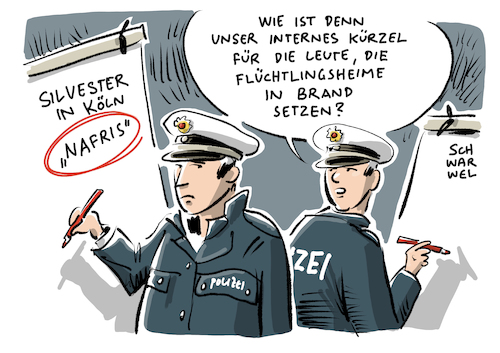 Cartoon: Rassismusdebatte Nafri (medium) by Schwarwel tagged rassismusdebatte,rassismus,silvesterköln,silvesternacht,polizei,polizeipräseidet,nafri,begriff,silvesterkontrolle,bahnhöf,karikatur,schwarwel,silvestereinsatz,nordafrika,nordafrikanisch,fremenhass,asyl,asylsuchende,ausländer,ausöänerhass,fremdenfeindlichkeit,rassismusvorfwurf,straftat,vorwürfe,neger,straftaten,verdächtige,klientel,rassismusdebatte,rassismus,silvesterköln,silvesternacht,polizei,polizeipräseidet,nafri,begriff,silvesterkontrolle,bahnhöf,karikatur,schwarwel,silvestereinsatz,nordafrika,nordafrikanisch,fremenhass,asyl,asylsuchende,ausländer,ausöänerhass,fremdenfeindlichkeit,rassismusvorfwurf,straftat,vorwürfe,neger,straftaten,verdächtige,klientel