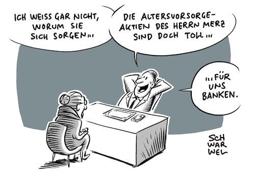 Cartoon: Rente Merz Aktienidee (medium) by Schwarwel tagged rente,rentendebatte,merz,aktie,aktienidee,wirtschaft,finanzen,geld,alter,arm,armut,reich,reichtum,ökonomen,wirtschaftler,ökonomie,bank,banken,friedrich,aktienkauf,börse,aktienkäufe,altersvorsorge,vermögen,kapital,cartoon,karikatur,schwarwel,rente,rentendebatte,merz,aktie,aktienidee,wirtschaft,finanzen,geld,alter,arm,armut,reich,reichtum,ökonomen,wirtschaftler,ökonomie,bank,banken,friedrich,aktienkauf,börse,aktienkäufe,altersvorsorge,vermögen,kapital,cartoon,karikatur,schwarwel