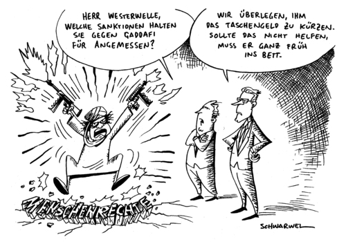 Cartoon: Sanktionen gegen Gaddafi (medium) by Schwarwel tagged geld,krieg,gewalt,kampf,westerwelle,waffe,terror,tripolis,regime,staat,macht,politik,protest,sicherheit,polizei,militär,angst,unruhe,massaker,demonstration,karikatur,schwarwel,gaddafi,libyen,diktator,diktatur,armut,arbeit,geld,krieg,gewalt,kampf,guido westerwelle,waffe,terror,tripolis,regime,macht,staat,sicherheit,polizei,militär,angst,unruhe,massaker,demonstration,gaddafi,guido,westerwelle