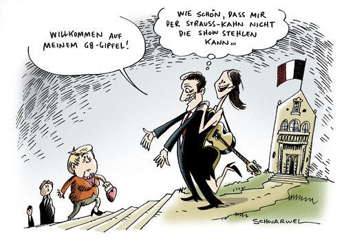Cartoon: Sarkozy G8-Gipfel (medium) by Schwarwel tagged sarkozy,g8,gipfel,industrie,nation,staat,politik,finazen,geld,wirtschaft,chef,führung,karikatur,schwarwel,strauss,kahn,sarkozy,g8,gipfel,industrie,nation,finanzen,chef,führung,strauss kahn,strauss,kahn
