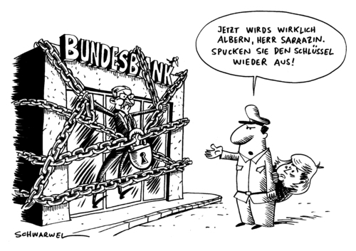 Cartoon: Sarrazin wehrt sich g. Rauswurf (medium) by Schwarwel tagged sarrazin,buch,bank,wehr,rauswurf,bundesbank,angela,merkel,polizei,regierung,deutschland,politik,politiker,mann,karikatur,schwarwel