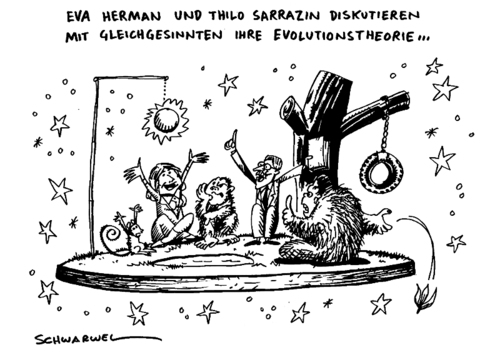 Cartoon: Sarrazins Gen-Ahnenforschung (medium) by Schwarwel tagged sarrazin,gen,ahnen,forschung,affe,mensch,mann,frau,eva,herman,evolution,theorie,gleichgesinnt,karikatur,schwarwel