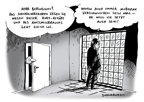 Cartoon: Schnellverfahren Berlusconi (medium) by Schwarwel tagged berlusconi,schnellverfahren,ruby,affäre,amt,amtsmissbrauch,mubarak,politik,politiker,italien,regierung,regierungschef,chef,gericht,prostituierte,minderjährig,mailand,party,marokkanerin,staatsanwalt,anklage,karikatur,schwarwel,silvio berlusconi,schnellverfahren,affäre,amt,amtsmissbrauch,mubarak,silvio,berlusconi