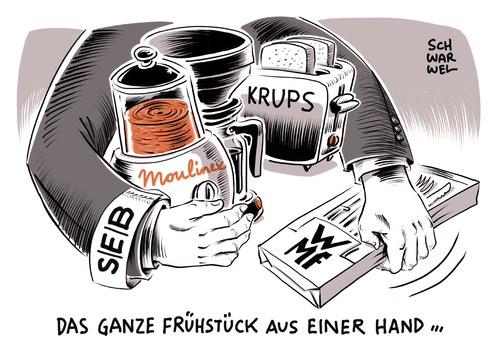 Cartoon: SEB übernimmt WMF (medium) by Schwarwel tagged seb,wmf,übernahme,frankreich,französischer,konzern,küchengerätehersteller,portfolio,küchengeräte,hersteller,besteck,kaffeemaschinenhersteller,kaffeemaschine,umsatz,gewinn,lukrativ,karikatur,schwarwel,seb,wmf,übernahme,frankreich,französischer,konzern,küchengerätehersteller,portfolio,küchengeräte,hersteller,besteck,kaffeemaschinenhersteller,kaffeemaschine,umsatz,gewinn,lukrativ,karikatur,schwarwel