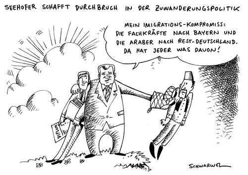 Cartoon: Seehofers Zuwanderungskompromiss (medium) by Schwarwel tagged seehofer,zuwanderung,kompromiss,durchbruch,politik,politiker,deutschland,regierung,einwander,einwanderung,csu,chef,partei,mann,rechts,populismus,ausland,fachkräfte,türkei,araber,kulturkreis,ausländer,bayern,präsident,minister,integration,fachkräftemangel,,horst seehofer,zuwanderung,durchbruch,regierung,deutschland,einwander,einwanderung,csu,populismus,ausland,araber,kulturkreis,horst,seehofer