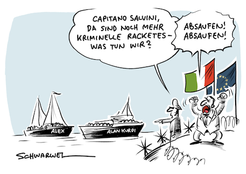 Cartoon: Seenotrettung Italien (medium) by Schwarwel tagged seenotrettung,carola,rackete,mittelmerroute,mittelmeer,flüchtlingsroute,flüchtlinge,geflüchtete,flüchtlingskrise,flüchtlingspolitik,asyl,migtationspolitik,migranten,seenot,rettungsschiff,sea,watch,ngo,ngos,flucht,europa,italien,alan,kurdi,cartoon,karikatur,schwarwel,salvini,seenotrettung,carola,rackete,mittelmerroute,mittelmeer,flüchtlingsroute,flüchtlinge,geflüchtete,flüchtlingskrise,flüchtlingspolitik,asyl,migtationspolitik,migranten,seenot,rettungsschiff,sea,watch,ngo,ngos,flucht,europa,italien,alan,kurdi,cartoon,karikatur,schwarwel,salvini