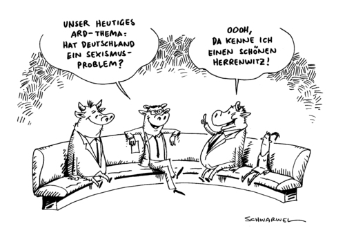 Cartoon: Sexismus Jauch ARD Talkshow (medium) by Schwarwel tagged sexismus,debatte,jauch,ard,talkshow,tv,fernsehen,diskussion,frau,mann,unterdrückung,karikatur,schwarwel,sexismus,debatte,jauch,ard,talkshow,tv,fernsehen,diskussion,frau,mann,unterdrückung,sex,karikatur,schwarwel