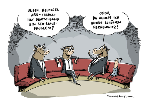 Cartoon: Sexismus Jauch ARD Talkshow (medium) by Schwarwel tagged sexismus,debatte,jauch,ard,talkshow,tv,fernsehen,diskussion,frau,mann,unterdrückung,karikatur,schwarwel,sexismus,debatte,jauch,ard,talkshow,tv,fernsehen,diskussion,frau,mann,unterdrückung,sex,karikatur,schwarwel