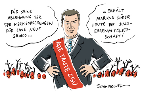 Cartoon: Söder Jusos SPD (medium) by Schwarwel tagged jamaika,kolaition,sondierung,sondierungsgespräche,regierung,politik,politiker,deutschland,regierungsbeteiligung,angela,merkel,bundeskanzlerin,cdu,csu,union,partei,spd,martin,schulz,wahl,bundestagswahl,wahlen,neuwahl,neuwahlen,minderheitsregierung,minderheitenregierung,parteichef,groko,große,koalition,demokratie,karikatur,schwarwel,nogroko,söder,jusos,jamaika,kolaition,sondierung,sondierungsgespräche,regierung,politik,politiker,deutschland,regierungsbeteiligung,angela,merkel,bundeskanzlerin,cdu,csu,union,partei,spd,martin,schulz,wahl,bundestagswahl,wahlen,neuwahl,neuwahlen,minderheitsregierung,minderheitenregierung,parteichef,groko,große,koalition,demokratie,karikatur,schwarwel,nogroko,söder,jusos