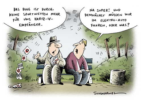 Cartoon: Sportwetten und E-Autos (medium) by Schwarwel tagged hartz,iv,empfänger,sozial,sport,sportwette,elektro,bio,auto,arbeit,arbeitslos,karikatur,schwarwel,hartz,empfänger,sozial,sport,sportwette,elektro,bio,auto,arbeit,arbeitslos