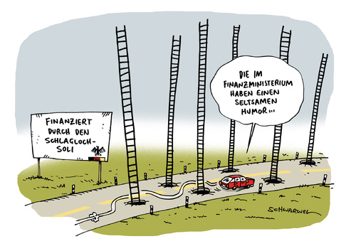 Cartoon: Steuereinnahmen (medium) by Schwarwel tagged steuer,steuereinnahmen,einnahme,finanzamt,staat,abgabe,bürger,volk,mehreinnahmen,nicht,sinnvoll,verschwendung,karikatur,schwarwel,auto,schlagloch,soli,solidaritätszuschlag,finanzierung,finanzminsiterium,ministerium,steuer,steuereinnahmen,einnahme,finanzamt,staat,abgabe,bürger,volk,mehreinnahmen,nicht,sinnvoll,verschwendung,karikatur,schwarwel,auto,schlagloch,soli,solidaritätszuschlag,finanzierung,finanzminsiterium,ministerium