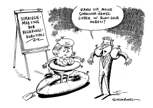 Cartoon: Strategiemeeting Regierung (medium) by Schwarwel tagged strategiemeeting,regierungskoalition,strategie,meeting,regierung,kolaition,angela,merkel,angie,guido,westerwelle,partei,deutschland,republik,krise,boot,schwimmring,schwimmflügel,blau,gelb,cdu,fdp,staat,politik,karikatur,schwarwel,strategiemeeting,regierungskoalition,strategie,meeting,regierung,koalition,angela merkel,guido westerwelle,angela,merkel,guido,westerwelle
