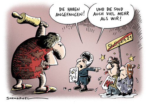 Cartoon: Stuttgart 21 Demonstranten (medium) by Schwarwel tagged stuttgart,21,vorteil,s21,kampf,gegner,milliarde,projekt,polizei,schutz,volksbegehren,landtag,deutschland,streit,regierung,politik,widerstand,bahnhof,umbau,protest,eskalation,räumung,wasserwerfer,gewalt,parkschützer,demonstration,unterschriftensammlung,kar,kommunikation,problem,s21,stuttgart 21,bahn,projekt,hauptbahnhof,südflügel,stuttgart,polizei,demonstration,wasserwerfer,tränengas,schuld,wasserpistole,gewalt,protest,21