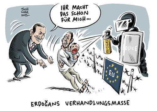 Cartoon: Syrien Erdogan Krieg (medium) by Schwarwel tagged erdogan,krieg,syrien,türkei,griechenland,grenze,flüchtlinge,geflüchtete,tränengas,gewalt,eskalation,flüchtlingscamp,europa,eu,assad,flüchtlingskrise,frontex,militäreinsatz,nordsyrien,außengrenze,lesbos,putin,russland,moskau,kreml,idlib,damaskus,luftangriff,terrormiliz,is,islamischer,staat,militäroffensive,ankara,grenzschutz,migranten,migration,rechtsterrorismus,rechtsextremismus,rassismus,cartoon,karikatur,schwarwel,flüchtlingsabkommen,erdogan,krieg,syrien,türkei,griechenland,grenze,flüchtlinge,geflüchtete,tränengas,gewalt,eskalation,flüchtlingscamp,europa,eu,assad,flüchtlingskrise,frontex,militäreinsatz,nordsyrien,außengrenze,lesbos,putin,russland,moskau,kreml,idlib,damaskus,luftangriff,terrormiliz,is,islamischer,staat,militäroffensive,ankara,grenzschutz,migranten,migration,rechtsterrorismus,rechtsextremismus,rassismus,cartoon,karikatur,schwarwel,flüchtlingsabkommen