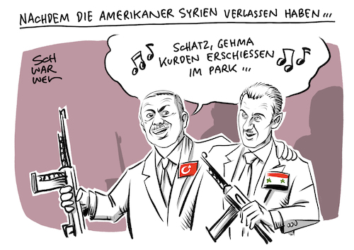 Cartoon: Syrien Truppenabzug USA (medium) by Schwarwel tagged donald,trump,us,usa,amerika,america,president,präsident,truppenabzug,assad,erdogan,türkei,russland,putin,militär,soldaten,krieg,kurden,kurde,truppen,armee,heer,terrormiliz,is,islamischer,staat,kurdengebiet,menschenrechtsverletzungen,tot,tod,mord,gewalt,waffen,waffengewalt,panzer,bombe,kurdenmiliz,cartoon,karikatur,schwarwel,donald,trump,us,usa,amerika,america,president,präsident,truppenabzug,assad,erdogan,türkei,russland,putin,militär,soldaten,krieg,kurden,kurde,truppen,armee,heer,terrormiliz,is,islamischer,staat,kurdengebiet,menschenrechtsverletzungen,tot,tod,mord,gewalt,waffen,waffengewalt,panzer,bombe,kurdenmiliz,cartoon,karikatur,schwarwel