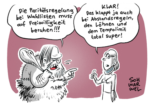 Cartoon: Thüringen Paritätsregelung (medium) by Schwarwel tagged thüringen,landtag,paritätsgesetz,paritätsregelung,wahl,wahlen,gleichberechtigung,gleichstellung,feminismus,quote,quotenregelung,frauenquote,afd,gesetz,verfassungsgericht,wahllisten,listenplätze,landtagswahlen,partei,parteien,freiheit,gleichheit,alte,weiße,männer,patriarchat,diskriminierung,job,rbeit,lohn,gehalt,covid19,corona,coronavirus,abstandsregeln,mundnasenschutz,maskenpflicht,selbstbestimmung,tempolimit,autobahn,cartoon,karikatur,schwarwel,thüringen,landtag,paritätsgesetz,paritätsregelung,wahl,wahlen,gleichberechtigung,gleichstellung,feminismus,quote,quotenregelung,frauenquote,afd,gesetz,verfassungsgericht,wahllisten,listenplätze,landtagswahlen,partei,parteien,freiheit,gleichheit,alte,weiße,männer,patriarchat,diskriminierung,job,rbeit,lohn,gehalt,covid19,corona,coronavirus,abstandsregeln,mundnasenschutz,maskenpflicht,selbstbestimmung,tempolimit,autobahn,cartoon,karikatur,schwarwel