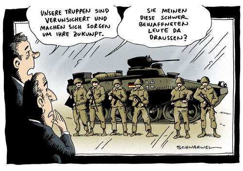 Cartoon: Truppe in Sorge (medium) by Schwarwel tagged bundeswehr,report,bund,soldat,sorge,verunsicherung,waffe