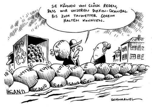 Cartoon: Überschwemmung Dioxin-Skandal (medium) by Schwarwel tagged überschwemmung,tauwetter,natur,wetter,wasser,fluß,sand,säcke,dioxin,gift,lebensmittel,schwein,ei,huhn,nahrung,verseucht,futter,tier,mensch,skandal,karikatur,schwarwel,überschwemmung,tauwetter,natur,wetter,wasser,fluß,sand,säcke,dioxin,gift,lebensmittel,schwein,verseucht,nahrung,futter,tier,skandal