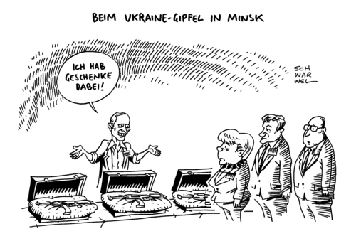 Cartoon: Ukraine Gipfel in Minsk (medium) by Schwarwel tagged ukraine,gipfel,minsk,merkel,putin,stabilität,europa,waffen,gewalt,karikatur,schwarwel,ukraine,gipfel,minsk,merkel,putin,stabilität,europa,waffen,gewalt,karikatur,schwarwel