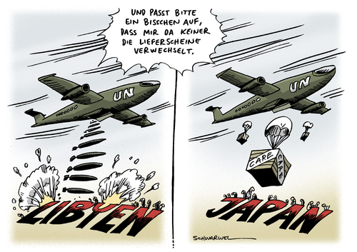 Cartoon: UN bombt und hilft (medium) by Schwarwel tagged medikamente,lebensmittel,care,hilfe,flugzeug,bombu,un,schwarwel,karikatur,erdbeben,radioaktiv,radioaktivität,strahlen,strahlung,akw,reaktor,katastrophe,explosion,atomkraftwerk,atom,tsunami,aufstand,politik,gaddafi,krankheit,tod,krieg,japan,libyen,situation,strategie,unterstützung,un,flugzeug,lebensmittel,medikamente,unterstützung,strategie,situation,libyen,japan,tsunami,aufstand,politik,gaddafi,krankheit,atom,atomkraftwerk,reaktor,katastrophe,akw,strahlung,fukushmia