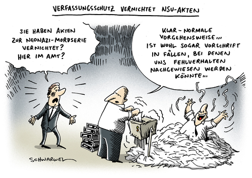 Cartoon: Verfassungsschutz NSU (medium) by Schwarwel tagged verfassungsschutz,verfassung,recht,gesetz,terror,anhörung,ausschuss,daten,zwickauer,terrorzelle,nsu,partei,rechts,radikal,karikatur,schwarwel,verfassungsschutz,verfassung,recht,anhörung,zwickauer terrorzelle,nsu,rechts,radikal,nazis,zwickauer,terrorzelle