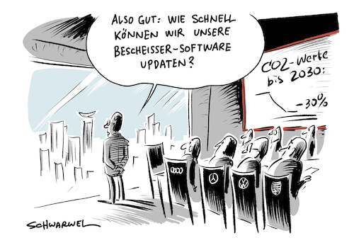 Cartoon: Verschärfung CO2 Werte (medium) by Schwarwel tagged autohersteller,autobauer,autokonzern,auto,wagen,kfz,co2,werte,eu,europäische,union,kommission,vorgaben,autoindustrie,schärfere,kohlendioxid,grenzwerte,klima,klimafreundlich,umwelt,umweltschutz,natur,software,vw,volkswagen,audi,mercedes,porsche,herstellerverband,acea,abgasskandal,dieselskandal,skandal,karikatur,schwarwel,autohersteller,autobauer,autokonzern,auto,wagen,kfz,co2,werte,eu,europäische,union,kommission,vorgaben,autoindustrie,schärfere,kohlendioxid,grenzwerte,klima,klimafreundlich,umwelt,umweltschutz,natur,software,vw,volkswagen,audi,mercedes,porsche,herstellerverband,acea,abgasskandal,dieselskandal,skandal,karikatur,schwarwel