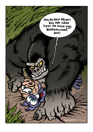 Cartoon: Viel bedrohlicher (medium) by Schwarwel tagged schwarwel,cartoon,witz,lustig,schweinevogel,iron,doof,menschenaffe,bedrohung,angst,doof,menschenaffe,bedrohung,angst,gorilla,affe,tier,tiere,furcht,dschungel,forscher,wissenschaftler