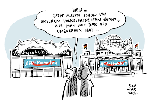 Cartoon: Volkswagen Halle AfD Parteitag (medium) by Schwarwel tagged vw,volkswagen,halle,auto,automobil,wagen,kfz,autokonzern,afd,parteitag,schriftzug,rassismus,rassisten,nazi,nazis,neonazis,rechtspopulisten,rechtspopulismus,rechtsextrem,rechtsextremismus,cartoon,karikatur,schwarwel,bolkswagen,braunschweig,sponsor,sponsoring,konzern,wirtschaft,finanzen,meuthen,weidel,gauland,hoecke,von,storch,vw,volkswagen,halle,auto,automobil,wagen,kfz,autokonzern,afd,parteitag,schriftzug,rassismus,rassisten,nazi,nazis,neonazis,rechtspopulisten,rechtspopulismus,rechtsextrem,rechtsextremismus,cartoon,karikatur,schwarwel,bolkswagen,braunschweig,sponsor,sponsoring,konzern,wirtschaft,finanzen,meuthen,weidel,gauland,hoecke,von,storch