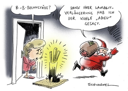 Cartoon: Weihnachtskarikatur Brennstäbe (medium) by Schwarwel tagged brennstab,weihnachten,angela,merkel,advent,kohle,weihnachtsmann,santa,claus,sack,feuer,atom,laufzeitverlängerung,karikatur,schwarwel,brennstab,weihnachten,angela merkel,advent,kohle,weihnachtsmann,atom,laufzeitverlängerung,akw,angela,merkel