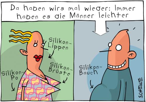 Cartoon: Silikon (medium) by Josef Schewe tagged brust,bauch,po,mann,frau,busen,silikon,emanzipation,,mann,frau,geschlecht,körper,schönheitsideal,schönheit,beauty,op,operation,schönheitsoperation,silikon,künstlich,implantate,ernährung,bierbauch,gewicht,übergewicht,gesellschaft,trend,busen,brüste,brust