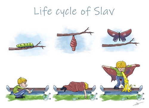 Cartoon: Life cycle of a Slav (medium) by tinotoons tagged slav,alcohol,butterfly,park,bottle,drunk