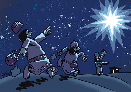 Cartoon: Die Weisen aus dem Morgenland (medium) by Comiczeichner tagged weihnachten,neujahr,stern,stall,bethlehem,caspar,melchior,baltasar,geschenke,nacht,christmas,xmas,weise,könige,heilige
