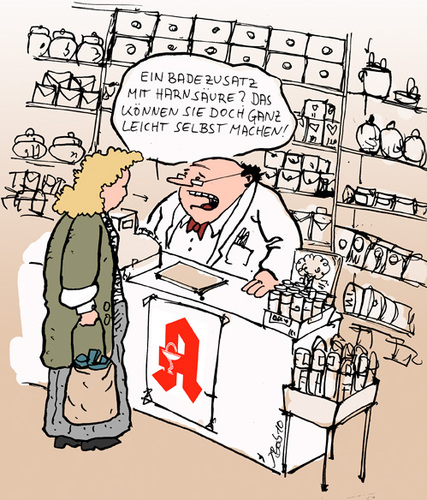 Cartoon: badezusatz (medium) by bob tagged apotheke,badezusatz,harnsäure,urin