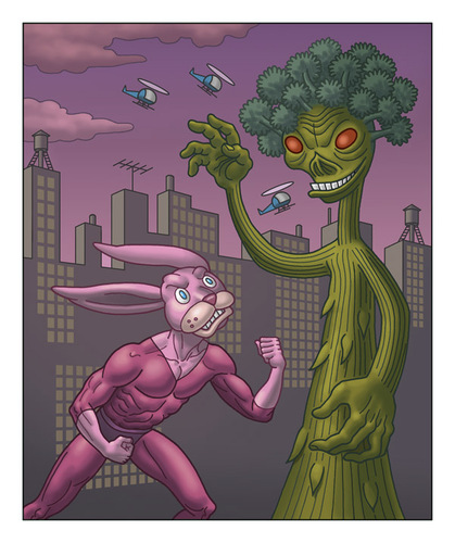 Cartoon: Ultrabunny Versus King Broccoli (medium) by kernunnos tagged spivit,fungler,dooters,frusty,filibustering,dingswappers