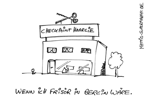 Cartoon: Checkpoint Haarlie (medium) by Matti tagged berlin,wende,mauer,ddr,amerika,luftbrücke,amerikaner,checkpoint,charlie,mitte,matti,mattis,supermarkt