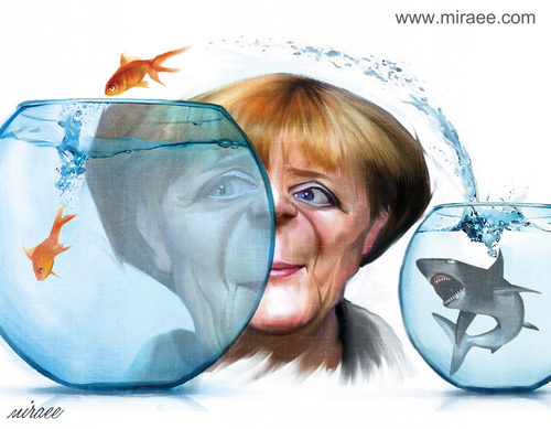 Cartoon: Angela Merkel and Refugees (medium) by Ali Miraee tagged angela,merkel,refugee,seyed,ali,miraee,miraie,mirayi,caricature,editorial,cartoon,portrait