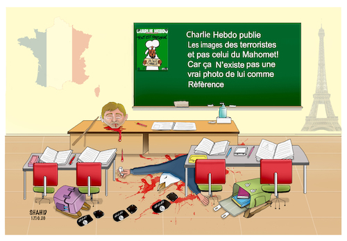 Cartoon: French teacher beheaded by... (medium) by Shahid Atiq tagged charlie,hebdo