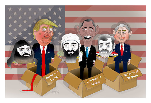 Cartoon: Scapegoats for 2nd term victorie (medium) by Shahid Atiq tagged terrorism