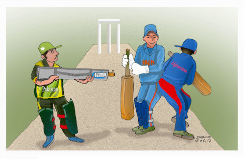 Cartoon: Sports AND terror diplomacy (medium) by Shahid Atiq tagged afghanistan,balkh,helmand,kabul,london,nangarhar,attack,india