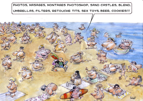 Cartoon: Beach Boobs (medium) by llobet tagged beer,toys,retouche,filters,umbrellas,blend,castles,sand,photoshop,montages,masages,photos,tits,boobs,beach,nude,cookies