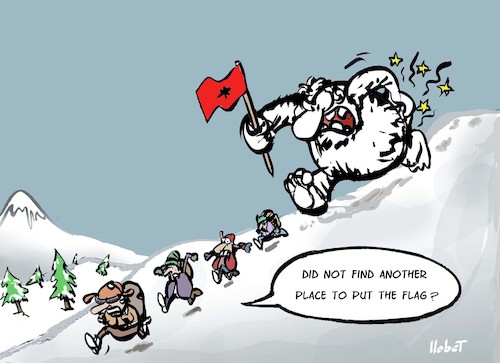 Cartoon: Yeti Summit (medium) by llobet tagged yeti,jeti,yety,yak,abominable,cumbre,summit,snowman,flag,meeting,cima