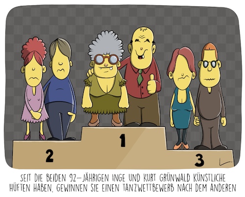 Cartoon: Hüften (medium) by SCHÖN BLÖD tagged tanzen,wettbewerb,wettkampf,senioren,alte,siegerehrung,podest,hüften,tanzen,wettbewerb,wettkampf,senioren,alte,siegerehrung,podest,hüften