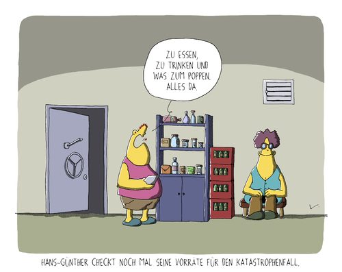 Cartoon: Katastrophenfall (medium) by SCHÖN BLÖD tagged thomas,luft,cartoon,lustig,katastrophe,vorrat,vorräte,frau,mann,bunker,essen,trinken,planung,check,prüfung,thomas,luft,cartoon,lustig,katastrophe,vorrat,vorräte,frau,mann,bunker,essen,trinken,sex,planung,check,prüfung