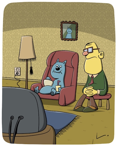 Cartoon: Stammplatz (medium) by SCHÖN BLÖD tagged stammplatz,kater,katze,sessel,fernehen,snack,popcorn,stammplatz,kater,katze,sessel,fernehen,snack,popcorn