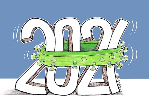 Cartoon: New Year 2021 (medium) by ercan baysal tagged 2021,newyear,corona,covid19,compress,ercanbaysal,hug,pandemi,number,numral,fgure,noel,bonanne,vaccine,physician,medicine,doctor